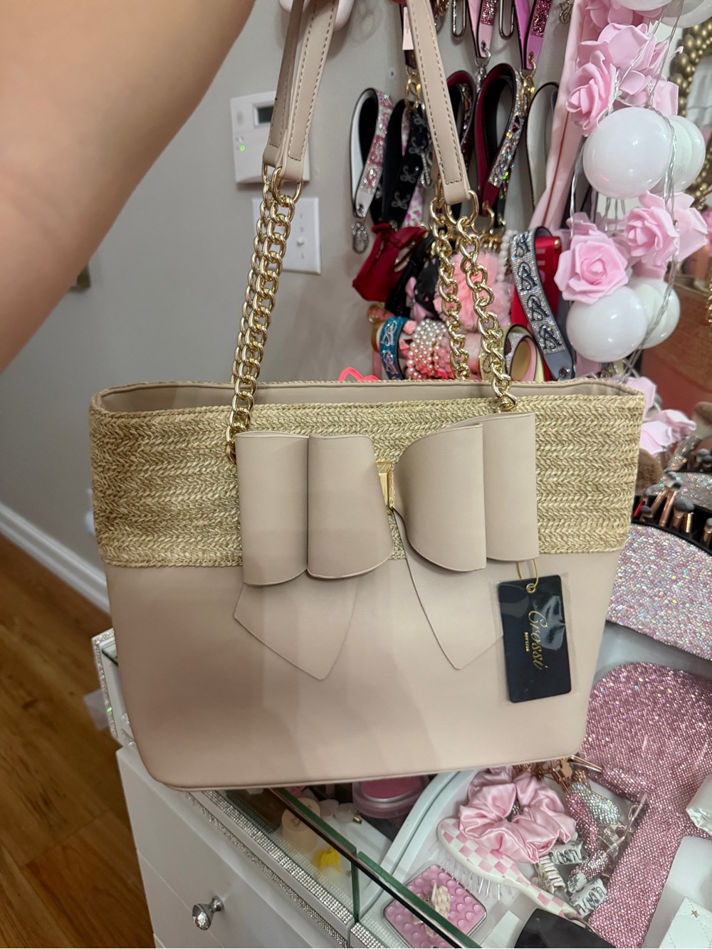 Elegant Beige Bow Straw-Trim Tote Bag